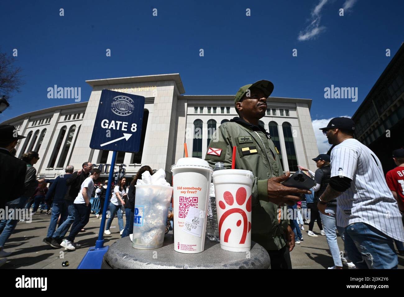 New York, USA. 08th Apr, 2022. Baseball fans arrive at Yankee Stadium on Yankee opening day 2022, in the Bronx borough of New York City, NY, April 8, 2022. The Yankee's inaugural 2022 game was played against longtime rivals the Boston Red Sox. (Photo by Anthony Behar/Sipa USA) Credit: Sipa USA/Alamy Live News Stock Photo
