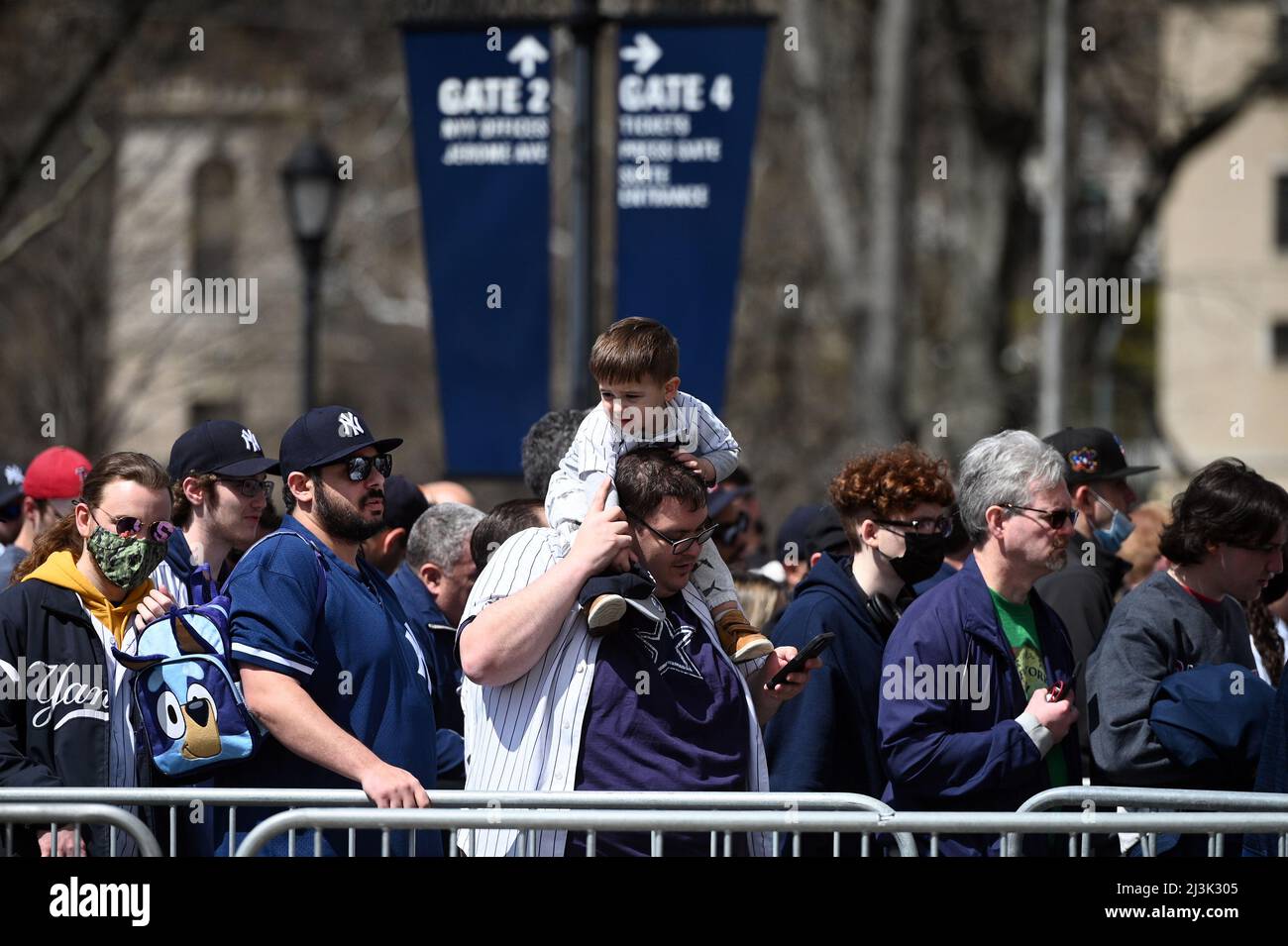 New York, USA. 08th Apr, 2022. Baseball fans line up enter Yankee Stadium on Yankee opening day 2022, in the Bronx borough of New York City, NY, April 8, 2022. The Yankee's inaugural 2022 game was played against longtime rivals the Boston Red Sox. (Photo by Anthony Behar/Sipa USA) Credit: Sipa USA/Alamy Live News Stock Photo