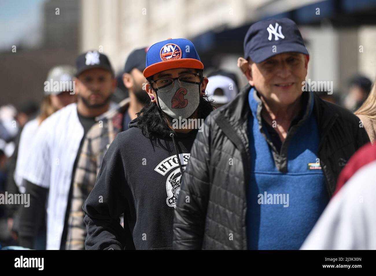 New York, USA. 08th Apr, 2022. Baseball fans line up enter Yankee Stadium on Yankee opening day 2022, in the Bronx borough of New York City, NY, April 8, 2022. The Yankee's inaugural 2022 game was played against longtime rivals the Boston Red Sox. (Photo by Anthony Behar/Sipa USA) Credit: Sipa USA/Alamy Live News Stock Photo