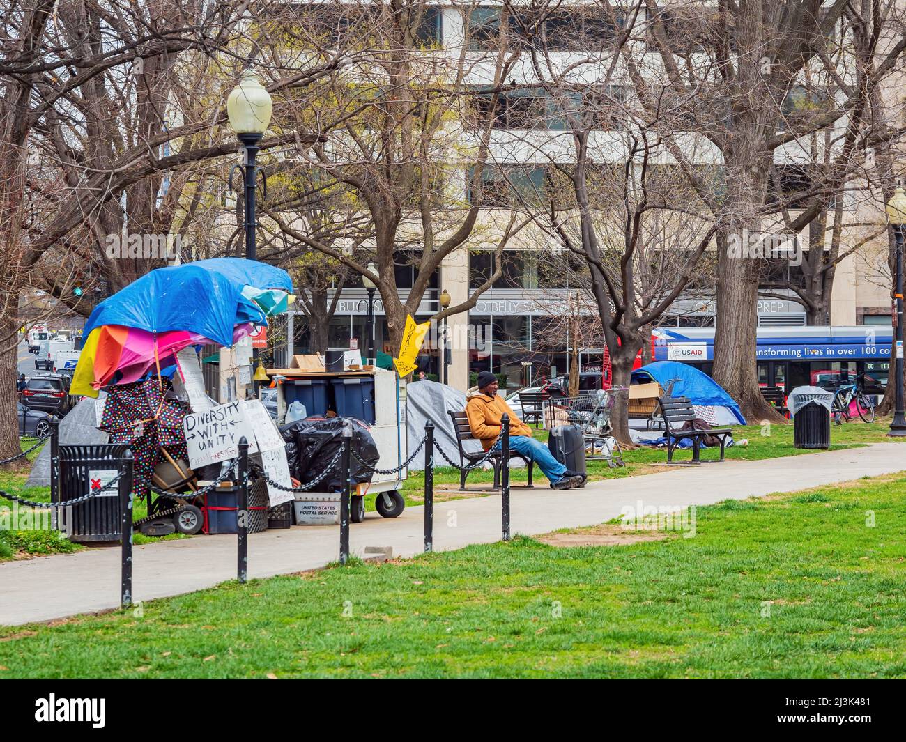 Washington DC, MAR 31 2022 Many homeless, tent in McPherson Square