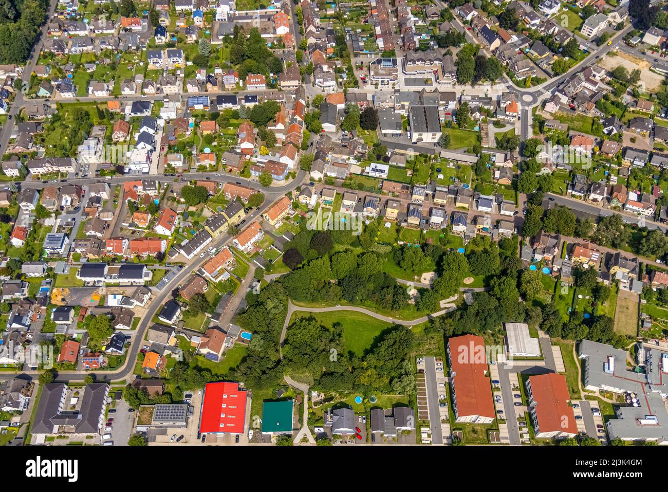 Aerial view, Luisenpark and Märkische Straße with roundabout in the village centre of Heeren-Werve, Kamen, Ruhrgebiet, North Rhine-Westphalia, Germany Stock Photo