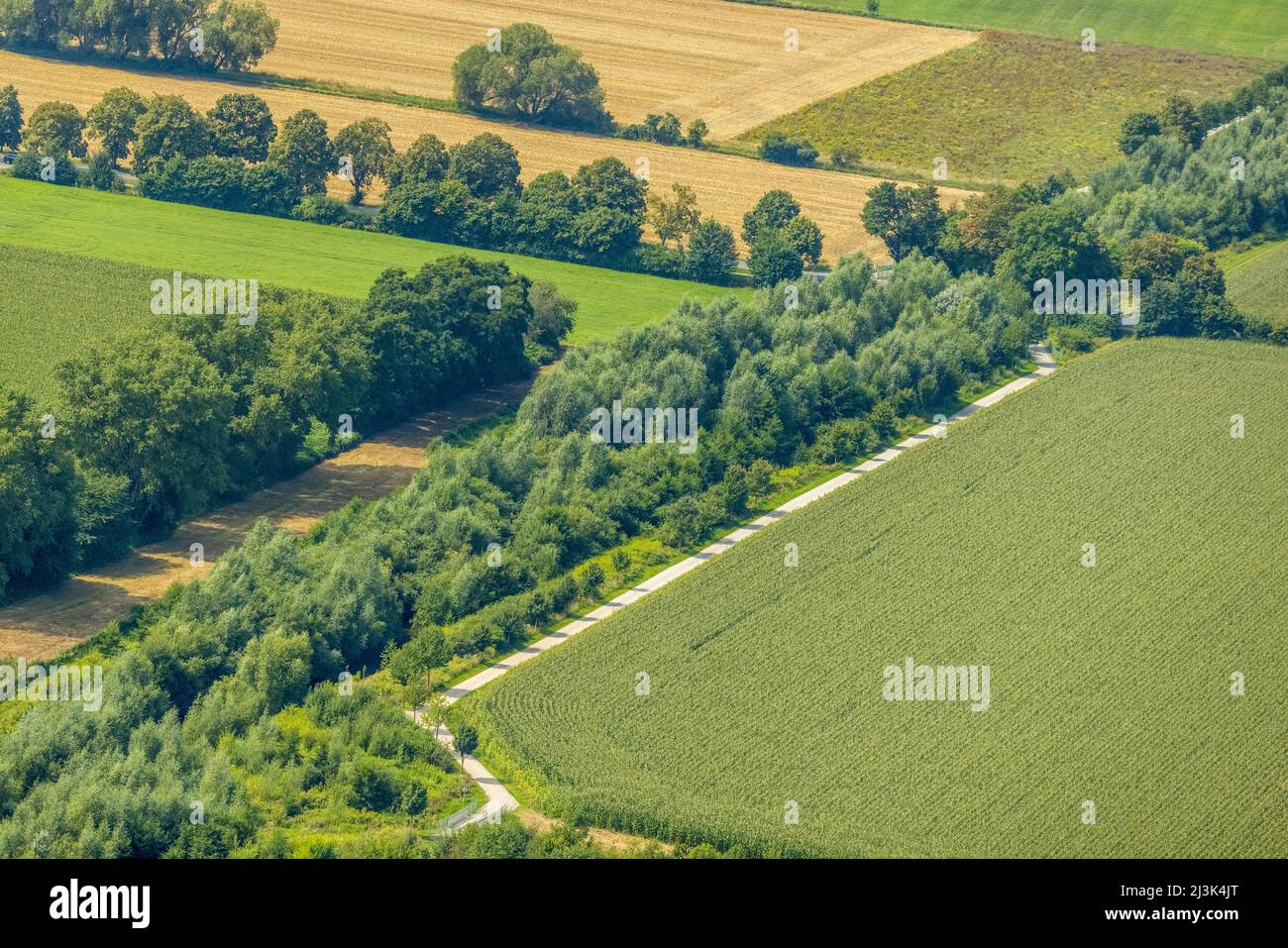 Aerial photograph, foot and cycle path Seseke-Weg at the river Seseke in the district Heeren-Werve, Kamen, Ruhr area, North Rhine-Westphalia, Germany, Stock Photo