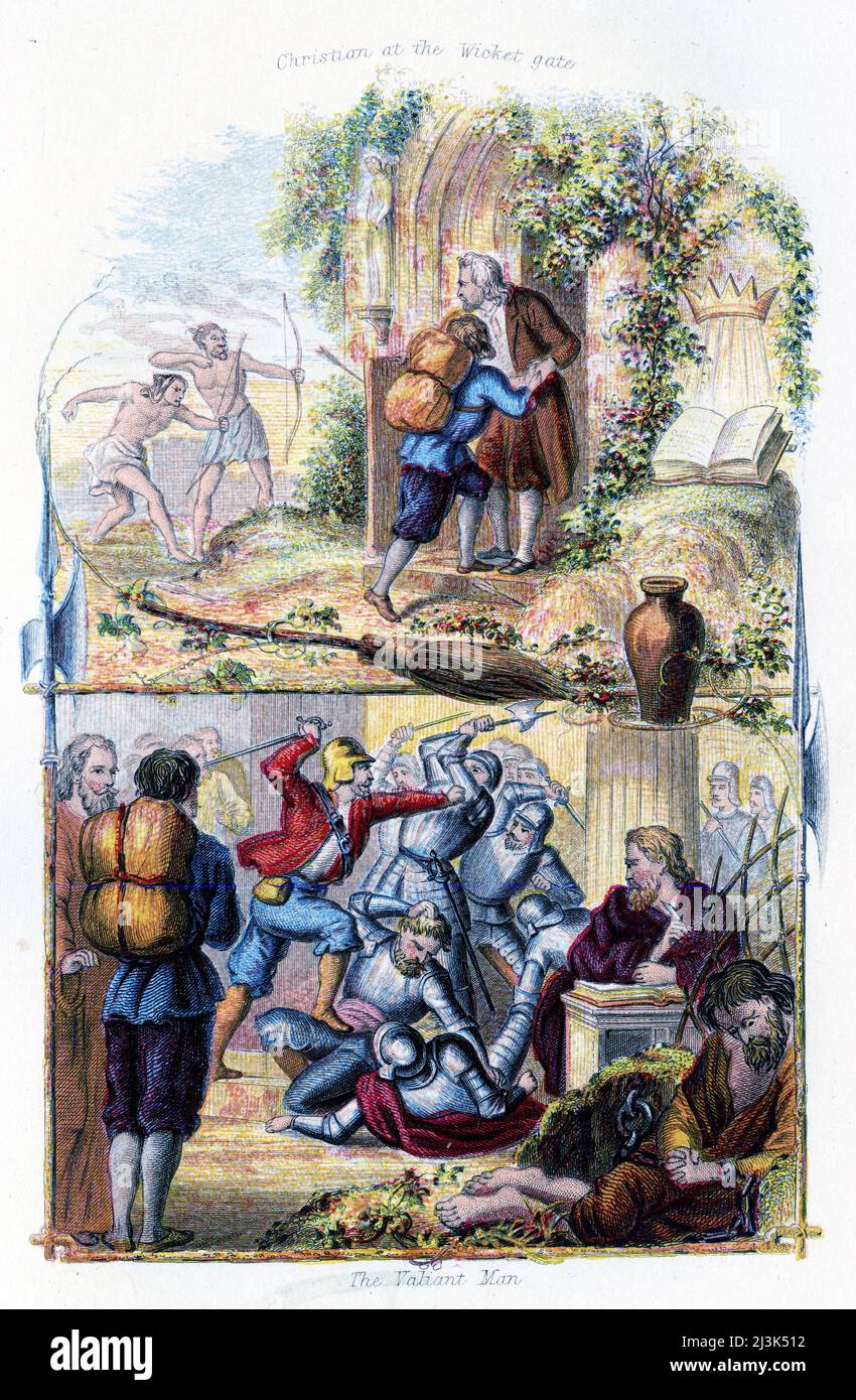 Various scenes from Pilgrim's Progress by John Bunyan, showing