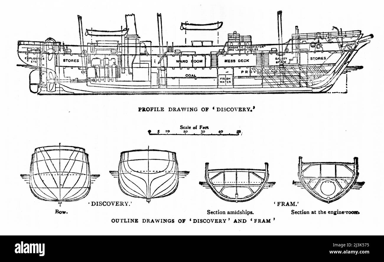 Architect's drawings of the Discovery, a asteam ship used by  Robert Falcon Scott's in his expedition to Antarctica in 1902 Stock Photo