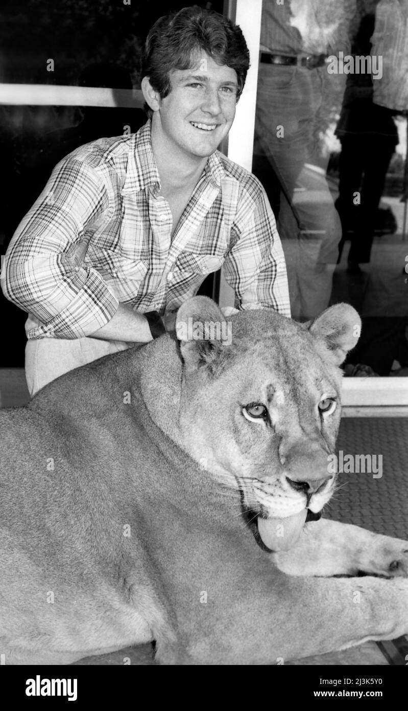 A young man, student Phil Engelauf and his pet lion, Duchess at school at Cal Tech in Pasadena, CA. Stock Photo