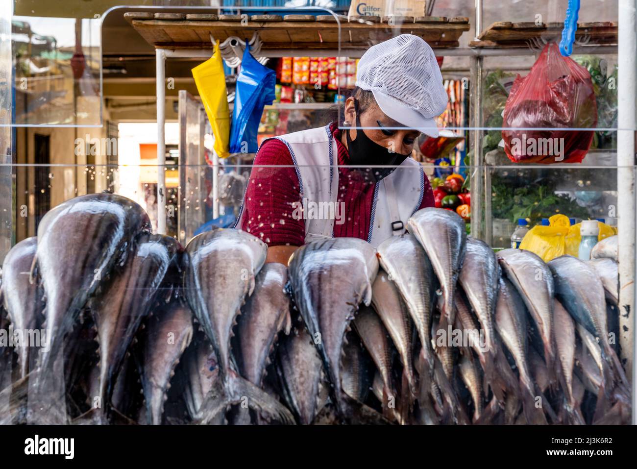 A Woman Preparing Fresh Fish At The San Camilo Market, Arequipa, Arequipa Region, Peru. Stock Photo