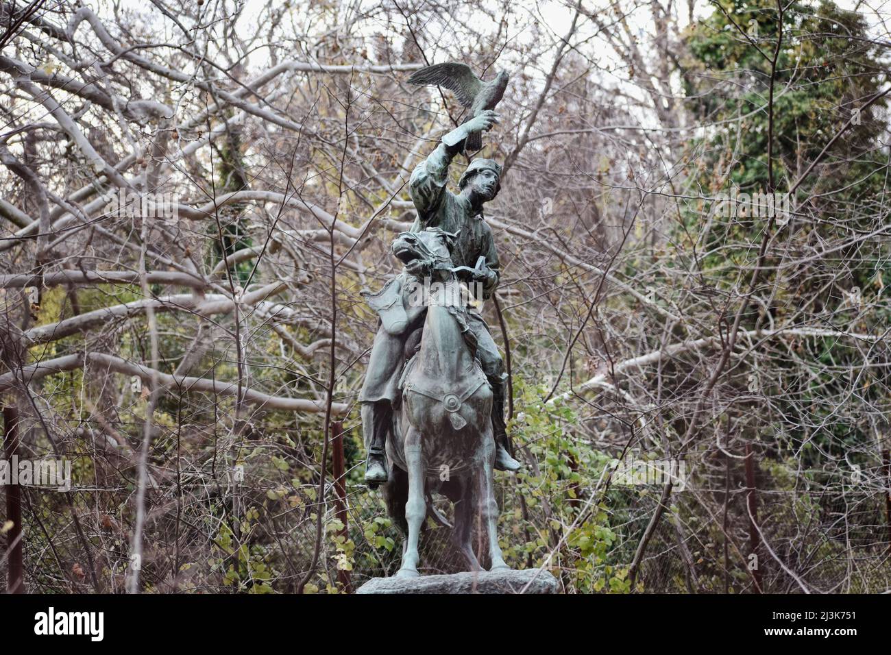 Sculpture of a hunter riding a horse at the summer Palace of former Royal Greek family at Tatoi, Acharnes, Greece Stock Photo