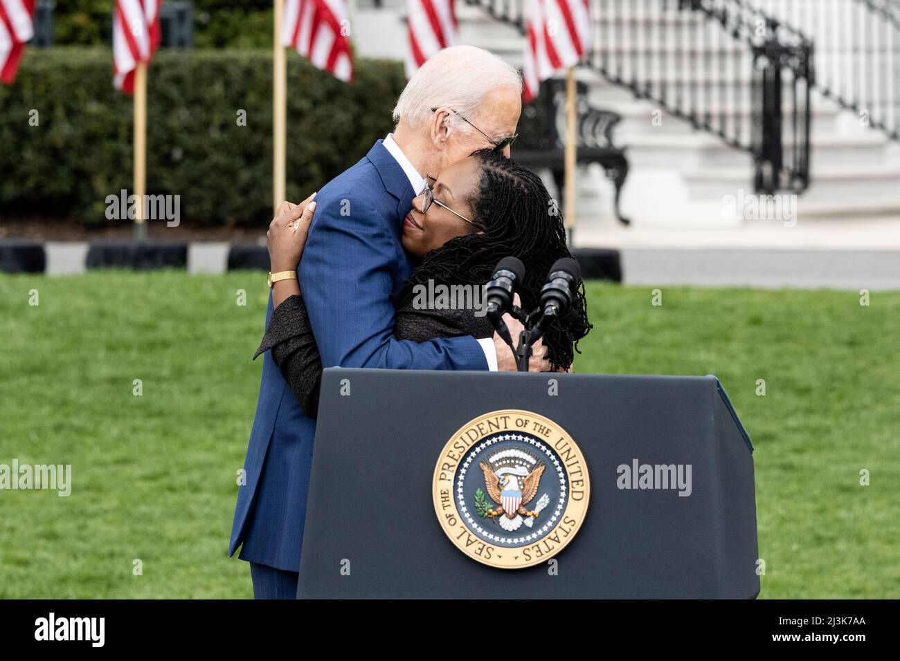 Washington DC, USA. 08th Apr, 2022. President Joe Biden hugging Judge Ketanji Brown Jackson at an event to mark her confirmation to the Supreme Court. Credit: SOPA Images Limited/Alamy Live News Stock Photo