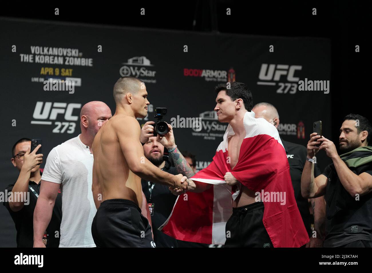 Florida, USA. 08th Apr, 2022. JACKSONVILLE, FL - April 8: Mickey Gall (L) and Mike Mallot (R) face-off for the fans at Vystar Memorial Arena for UFC 273 - Volkanovski vs The Korean  - Ceremonial Weigh-ins on April 8, 2022 in Jacksonville, Florida, United States. (Photo by Louis Grasse/PxImages) Credit: Px Images/Alamy Live News Stock Photo
