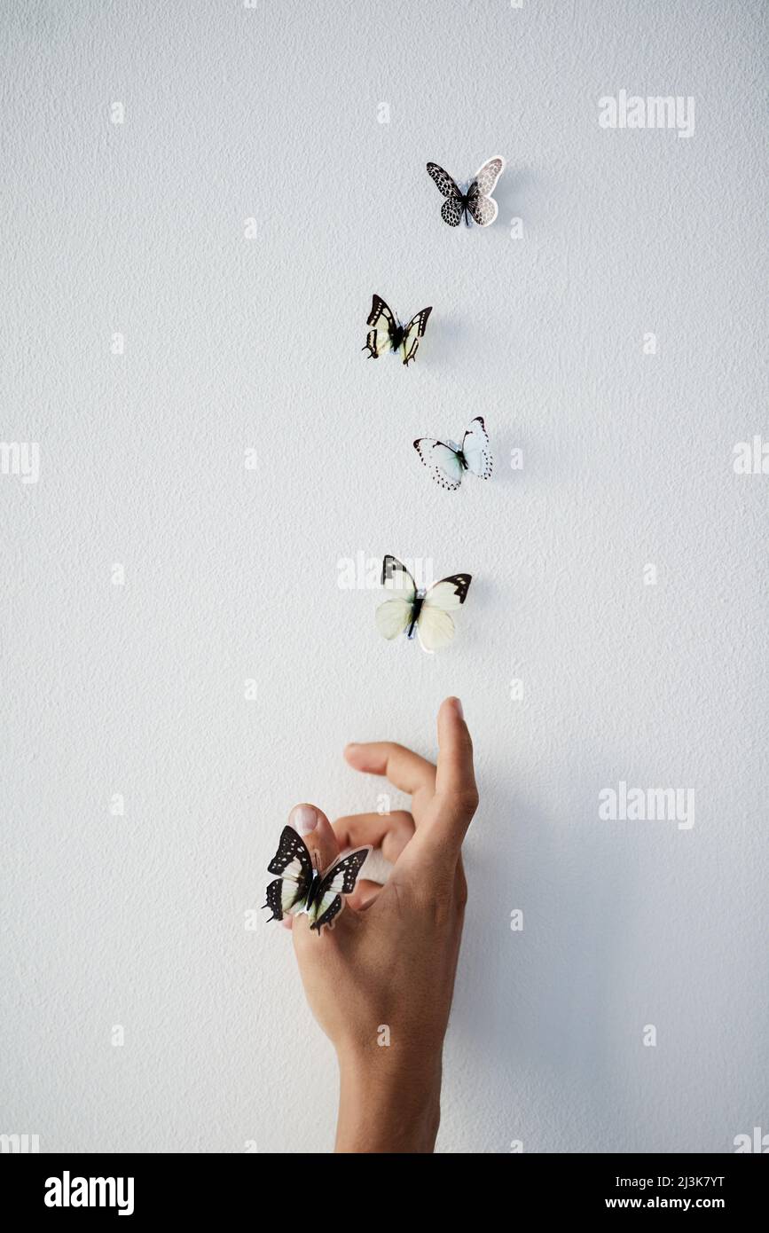 Set your dreams free. Studio shot of a unrecognizable persons hand releasing butterflies into the air on a grey background. Stock Photo