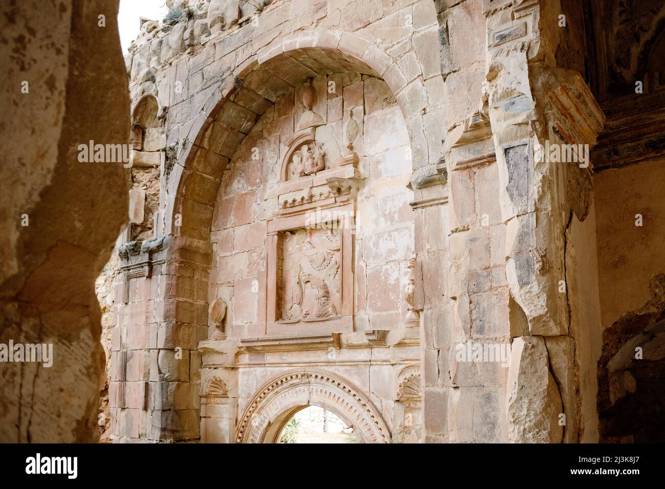 Ruins in rock of the structure of a church, with the detailed artistic ...