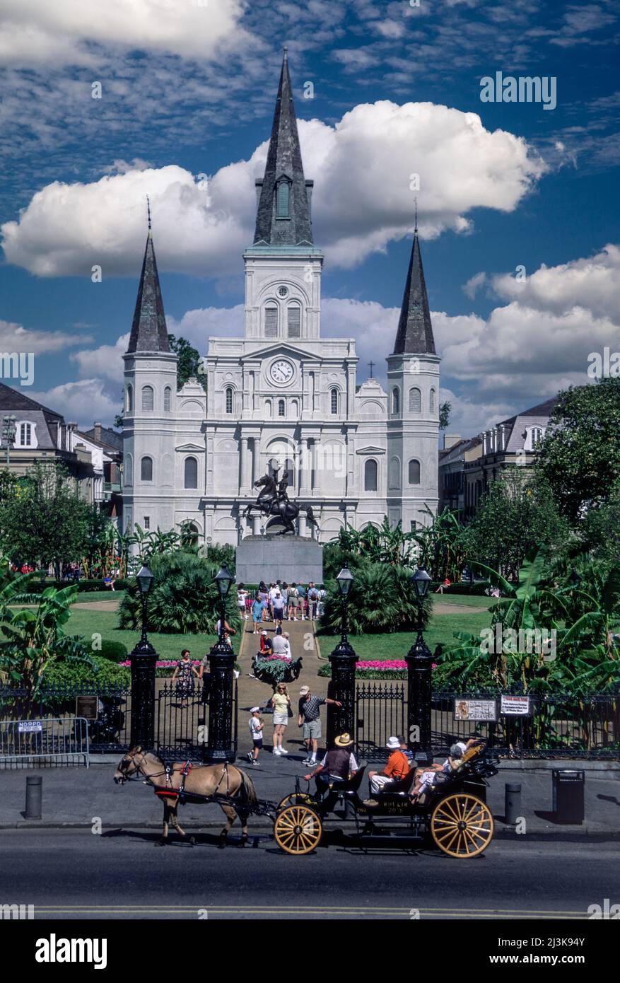 French Quarter, New Orleans, Louisiana.  St. Louis Basilica and Statue of Andrew Jackson, Jackson Square. Stock Photo