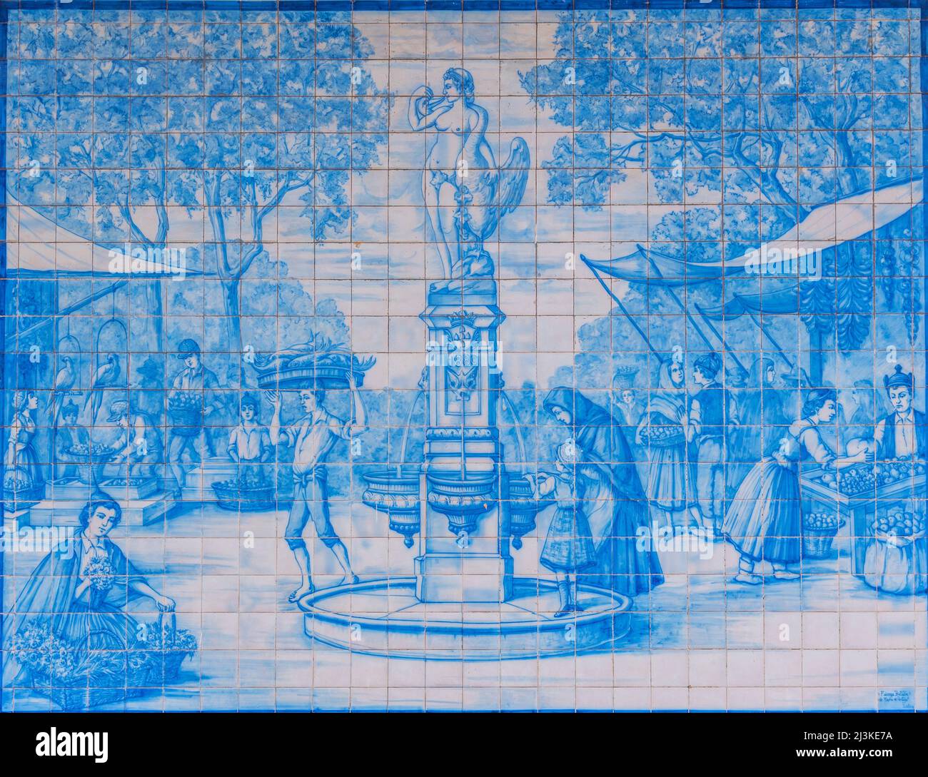 Funchal, Portugal, June 12, 2021: Azulejo mosaic at Mercado dos Lavradores in Portuguese town Funchal. Stock Photo