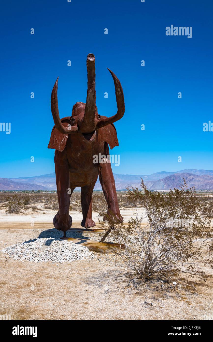 Columbian Mammoth (Mammuthus columbi) welded steel sculpture by sculptor Ricardo Breceda in the Galleta Meadows in Borrego Springa, California in the Stock Photo