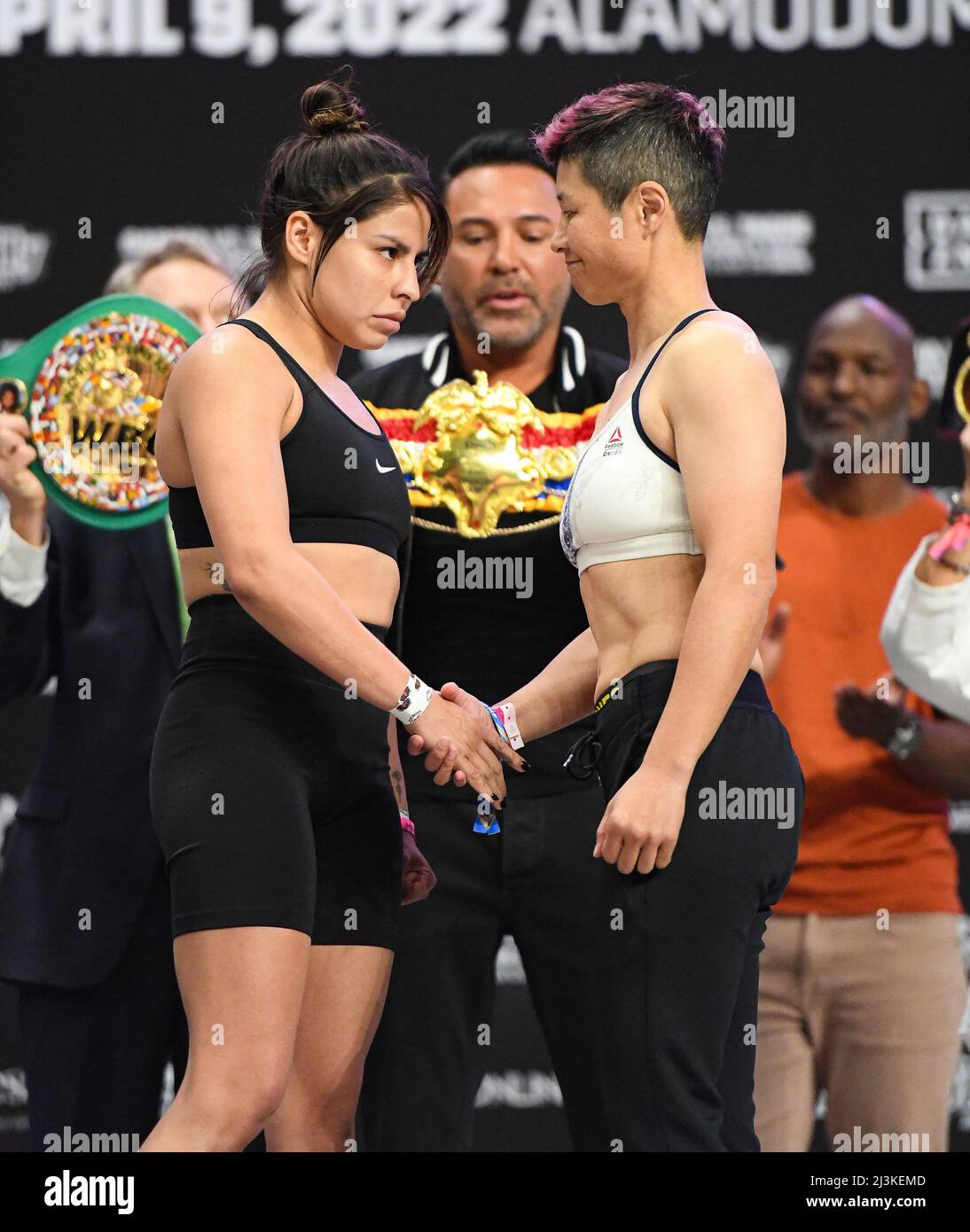 Texas, USA. 08th Apr, 2022. SAN ANTONIO, TX - APRIL 8: (L-R) Marlen Esparza (111.4lbs) and Naoka Fujioka (111.6) face-off for the WBA, WBC, & Vacant Ring Magazine Flyweight title at the Alamodome Stadium, on April 8, 2022, in San Antonio, Texas, USA (Photo by Mikael Ona/PxImages) Credit: Px Images/Alamy Live News Stock Photo