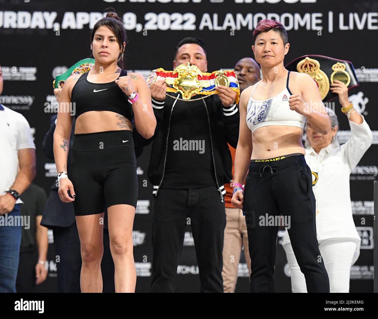 Texas, USA. 08th Apr, 2022. SAN ANTONIO, TX - APRIL 8: (L-R) Marlen Esparza (111.4lbs) and Naoka Fujioka (111.6) face-off for the WBA, WBC, & Vacant Ring Magazine Flyweight title at the Alamodome Stadium, on April 8, 2022, in San Antonio, Texas, USA (Photo by Mikael Ona/PxImages) Credit: Px Images/Alamy Live News Stock Photo