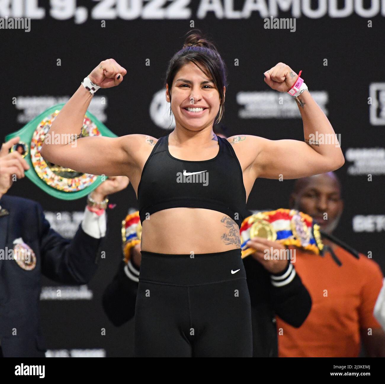 Texas, USA. 08th Apr, 2022. SAN ANTONIO, TX - APRIL 8: Marlen Esparza (111.4lbs) during the weigh-in for the WBA, WBC, & Vacant Ring Magazine Flyweight title against Naoka Fujioka (111.6) at the Alamodome Stadium, on April 8, 2022, in San Antonio, Texas, USA (Photo by Mikael Ona/PxImages) Credit: Px Images/Alamy Live News Stock Photo