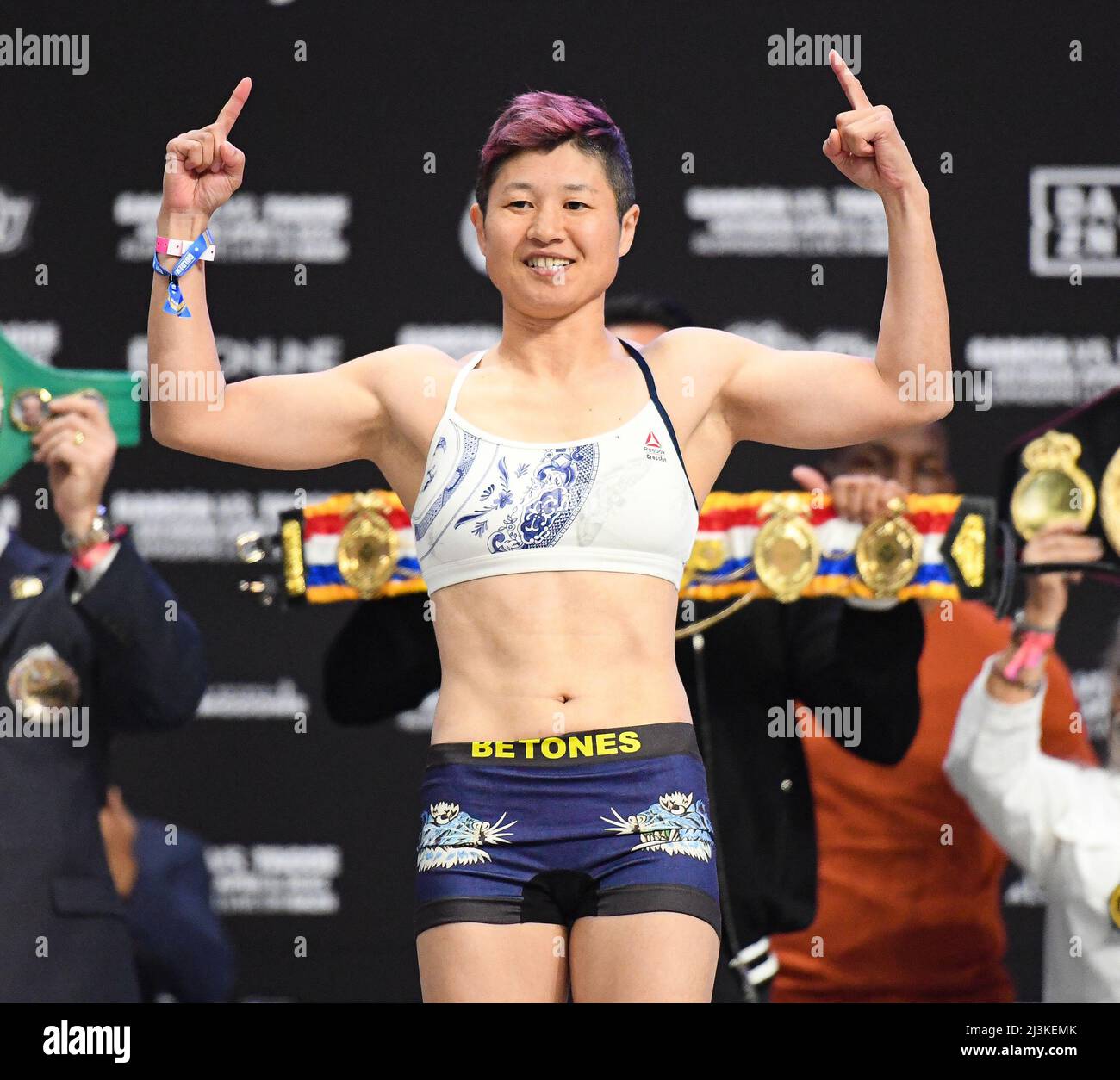 Texas, USA. 08th Apr, 2022. SAN ANTONIO, TX - APRIL 8: Naoka Fujioka (111.6) during the weigh-in for her WBA, WBC, & Vacant Ring Magazine Flyweight title against Marlen Esparza (111.4lbs) at the Alamodome Stadium, on April 8, 2022, in San Antonio, Texas, USA (Photo by Mikael Ona/PxImages) Credit: Px Images/Alamy Live News Stock Photo