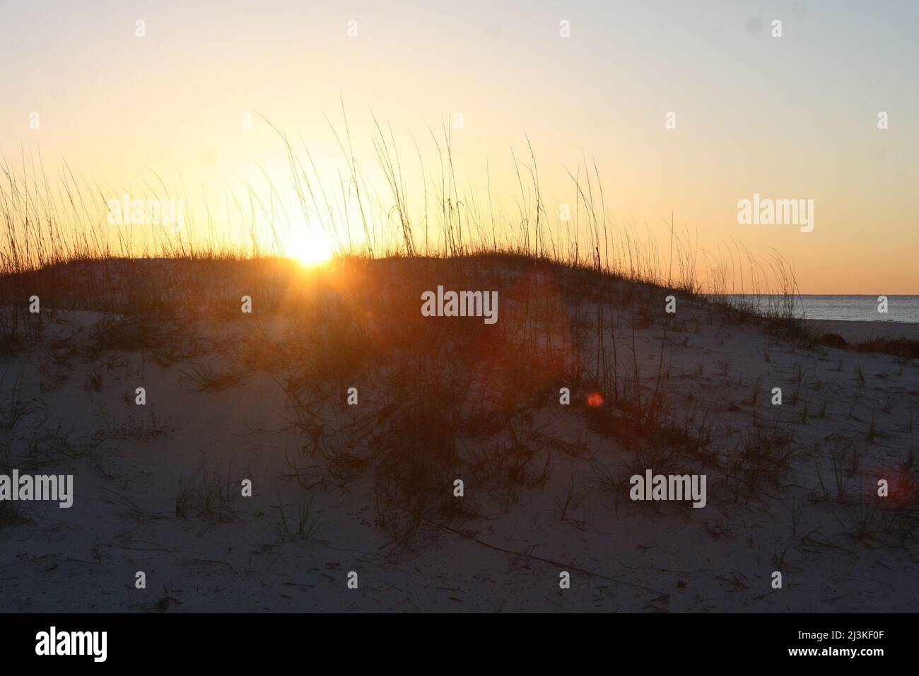 Gulf Shores Beachfront at Sunrise. The suns golden rays fill the sky