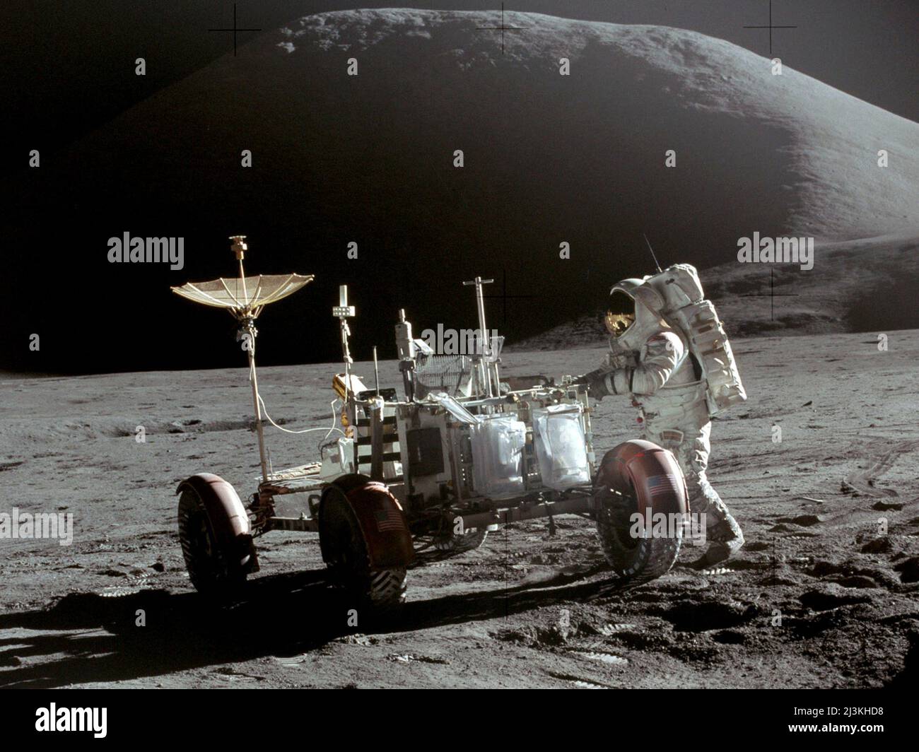Astronaut James Irwin with the Lunar Roving Vehicle, with Mount Hadley in the background. Stock Photo