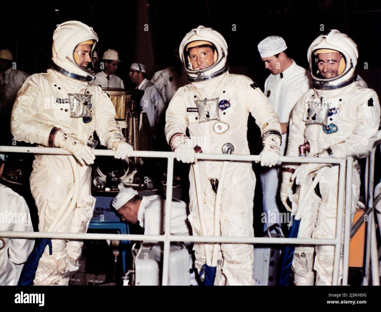 The Apollo 7 crew prepares for mission simulator tests at the North American Aviation plant. Left to right: Donn Eisele, Senior Pilot, Walter Schirra, Command Pilot, and Walter Cunningham, Pilot. Stock Photo
