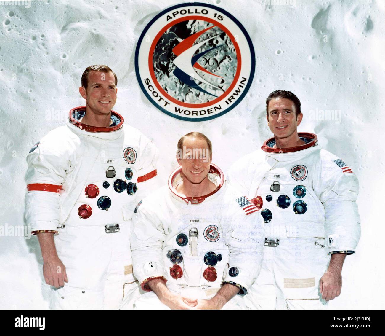 The prime crew of Apollo 15; from left to right: Commander, David Scott, Command Module pilot, Alfred Worden and Lunar Module pilot, James Irwin. Stock Photo