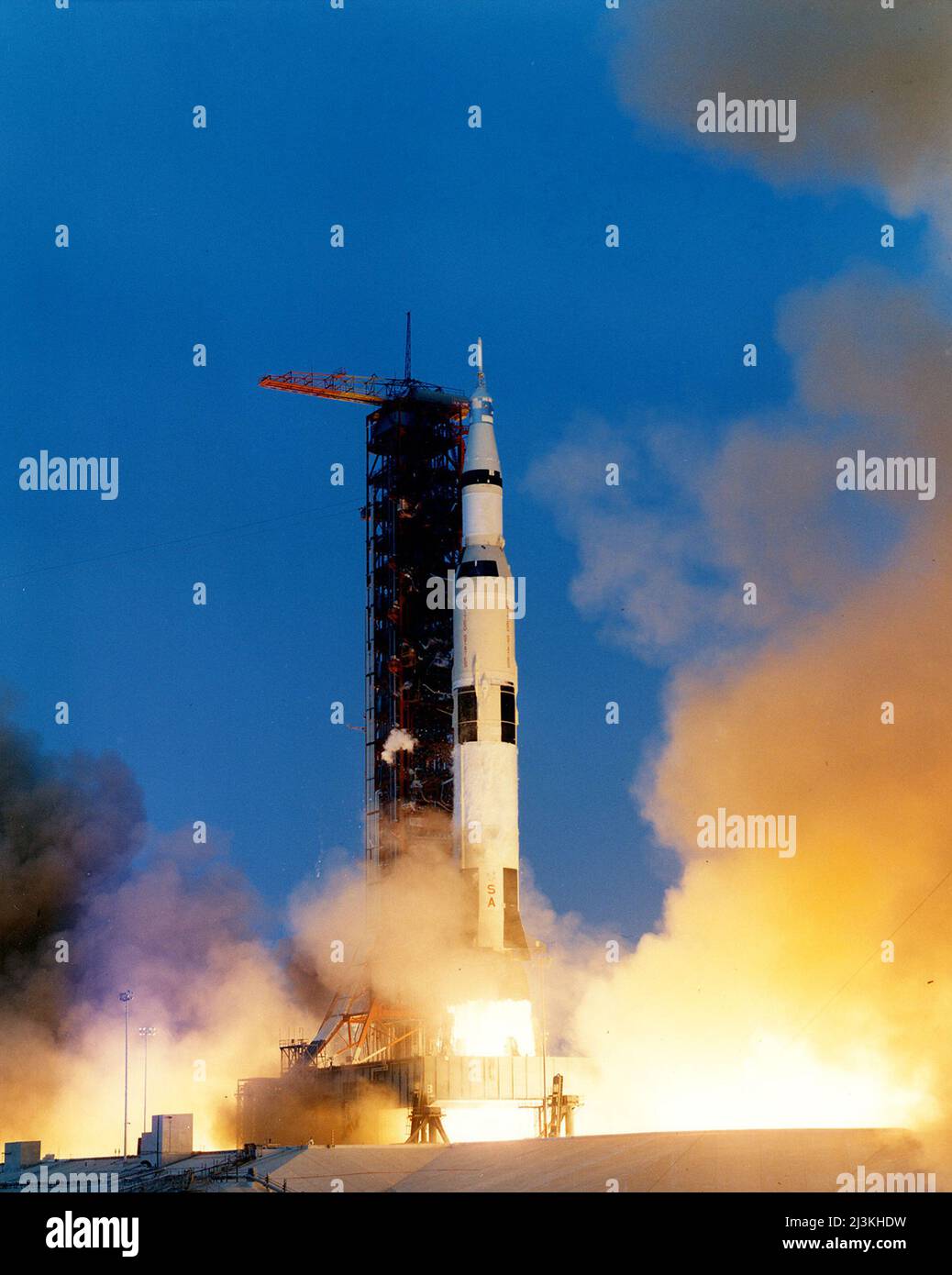 The huge, 363-feet tall Apollo 13 rocket is launched from Kennedy Space Center. April 11, 1970 Stock Photo