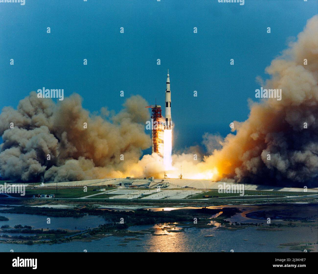 The huge, 363-feet tall Apollo 16 rocket is launched from Kennedy Space Center. April 16 1972 Stock Photo