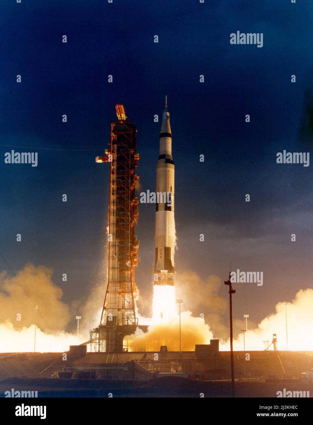 The huge, 363-feet tall Apollo 14 rocket is launched from Kennedy Space Center. January 31 1970 Stock Photo