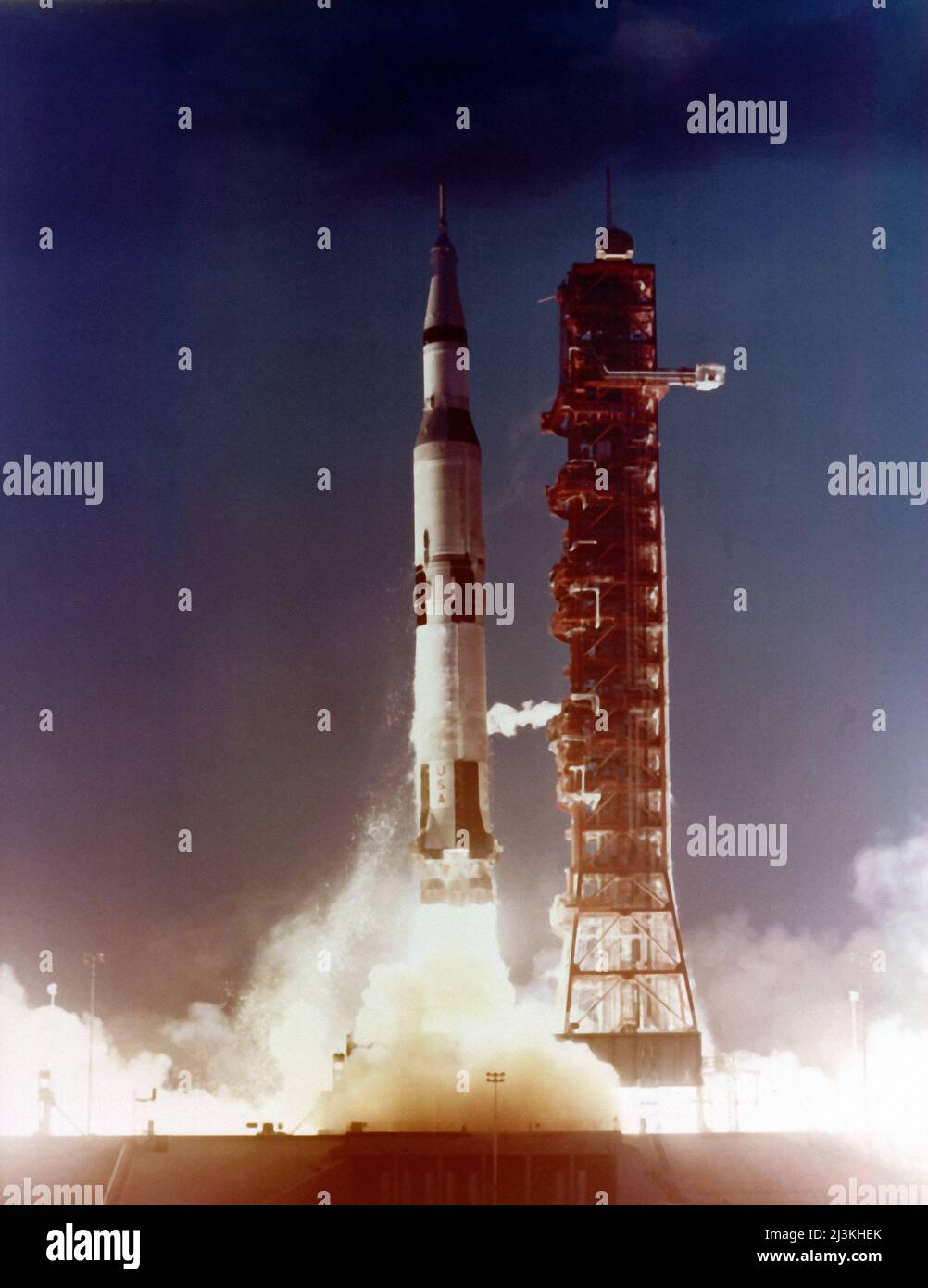 On November 9, 1967, Apollo 4, the first test flight of the Apollo/Saturn V space vehicle, was launched from Kennedy Space Center Launch Complex 39. This was an unmanned test flight intended to prove that the complex Saturn V rocket could perform its requirements. All three stages separated successfully and their engines performed as planned. The third stage also restarted in orbit, which was a requirement for lunar missions. At the end of the flight, the unmanned Apollo spacecraft reentered and proved that it could survive the intense heat generated during a high-speed return from the moon. Stock Photo