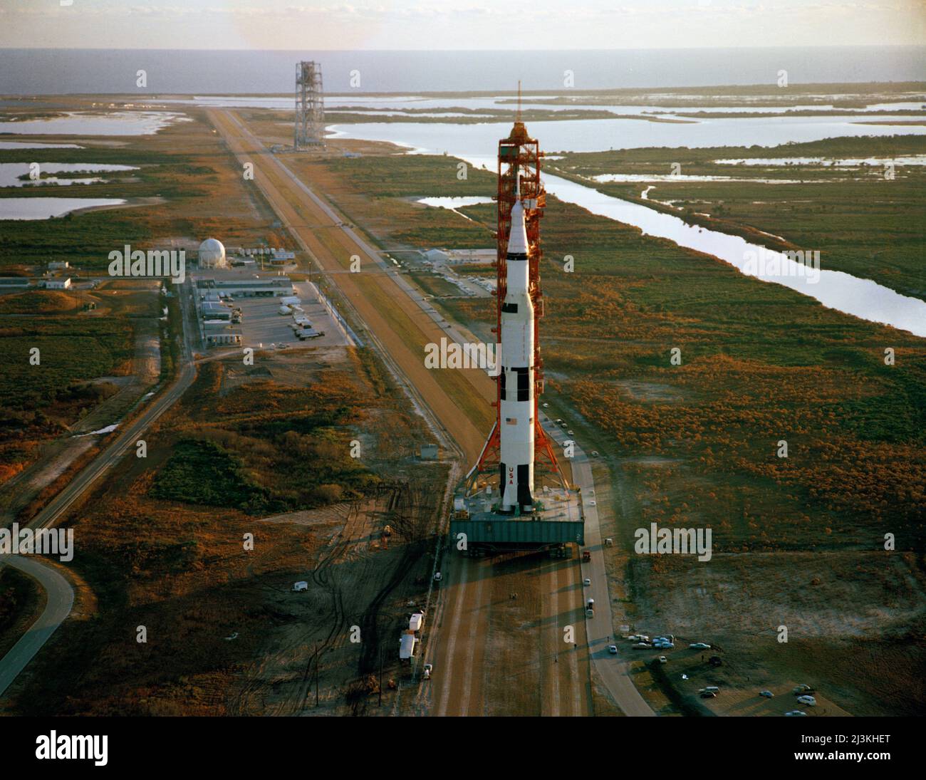 The Apollo 9 Saturn V rocket during rollout from the Vehicle Assembly Building to the launch pad. Stock Photo