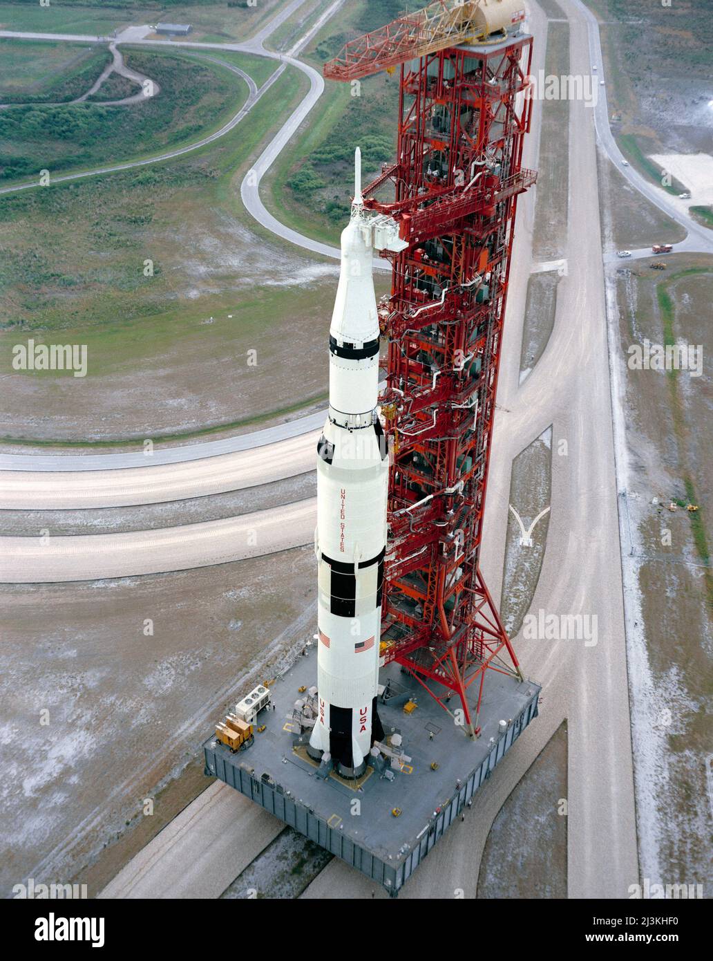 The Apollo 15 Saturn V rocket during rollout from the Vehicle Assembly Building to the launch pad. Stock Photo