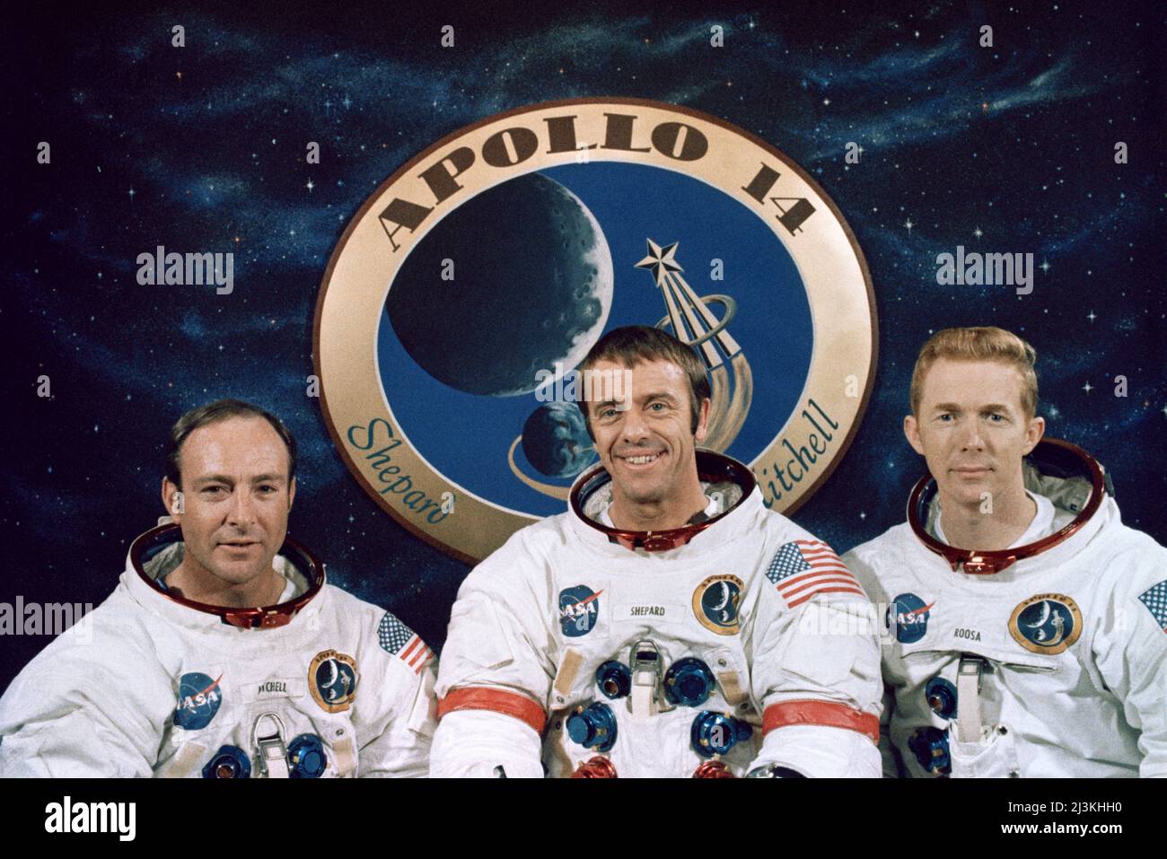 A portrait of the Apollo 14 crew, from left to right Edgar Mitchell, Alan Shepard and Stuart Roosa Stock Photo