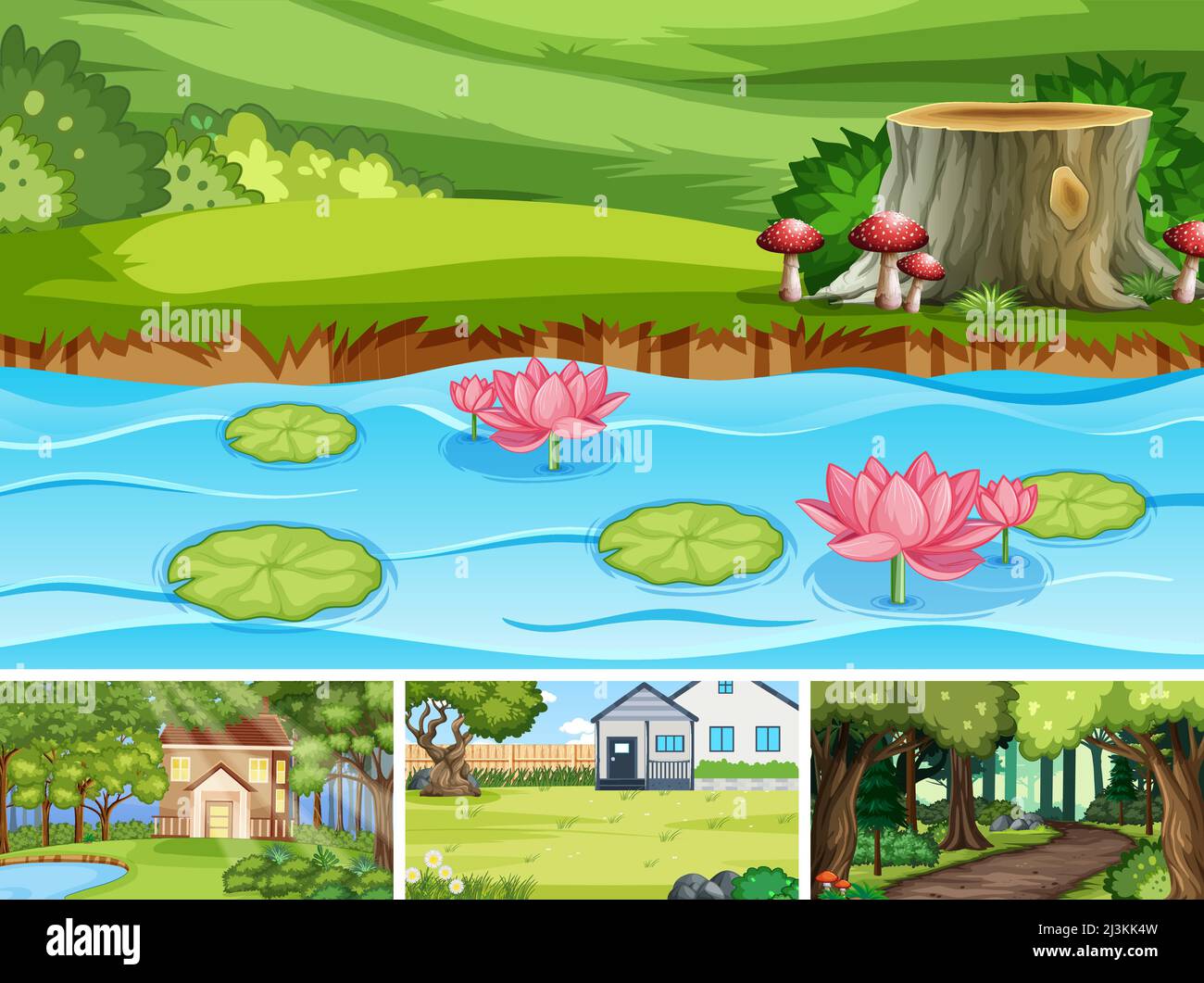 Nature scene with many trees and pond illustration Stock Vector Image ...