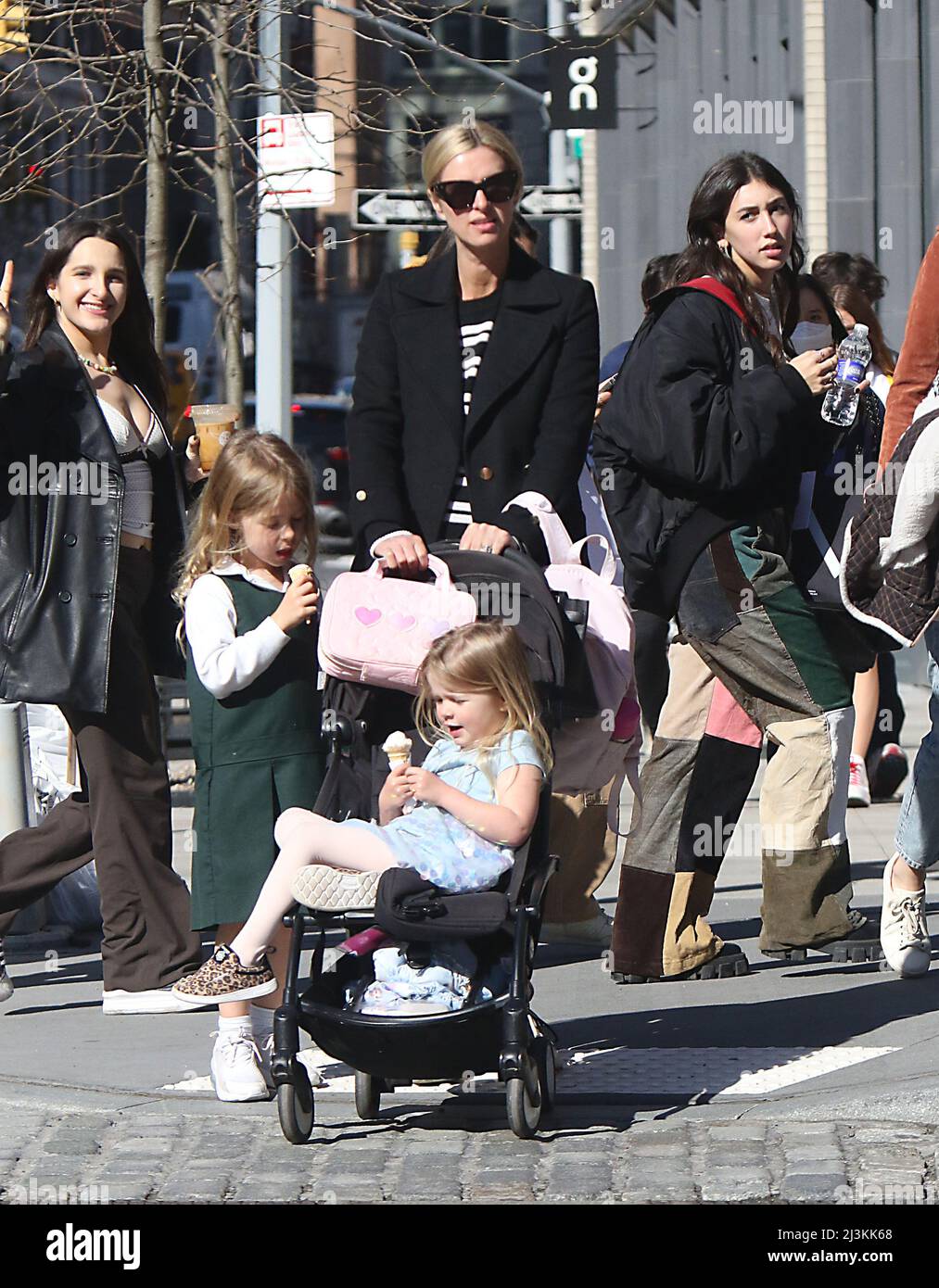 New York, NY, USA. 08th Apr, 2022. Nicky Hilton Rothschild walking around  with daughters Lily-Grace and Teddy Marilyn Rothschild seen in Soho in New  York City. April 08, 2022. Credit: RwMedia PunchAlamy