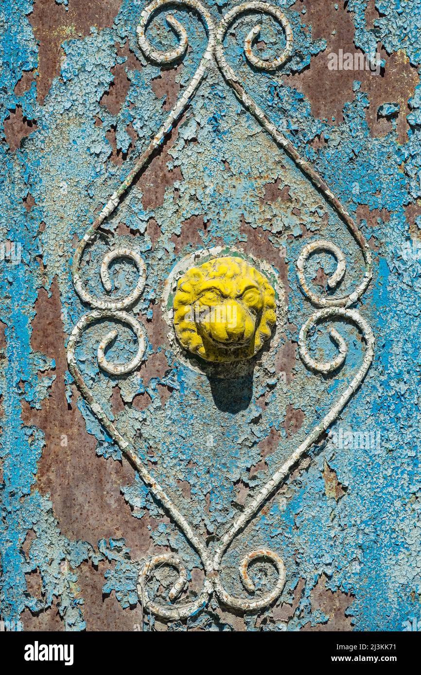 Blue, rusty, old, Peeling Paint Texture on a gate, fence Stock Photo