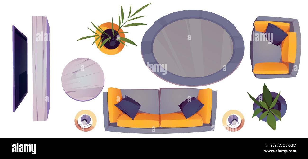 Set of living room furniture and stuff top view. Sofa, wooden coffee