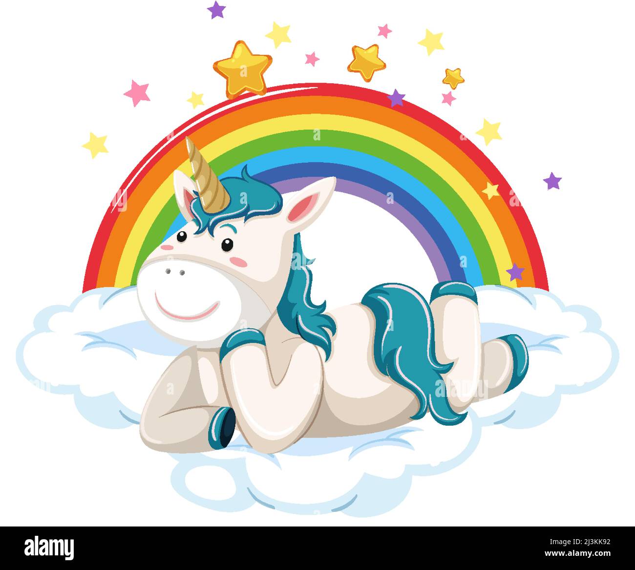 Blue unicorn lying on a cloud with rainbow illustration Stock Vector ...