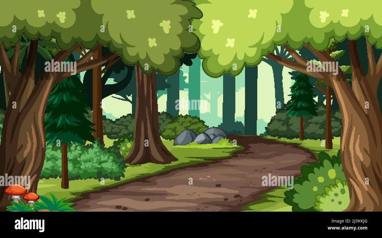 Nature scene with many trees and road illustration Stock Vector Image ...