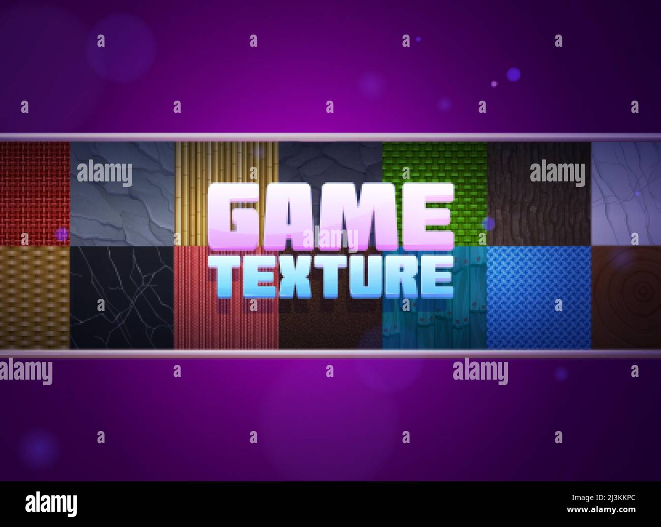 Game textures bamboo stems, straw and wicker, wooden planks, tree bark and stone or marble, textile seamless patterns. Realistic 3d tiles of natural m Stock Vector
