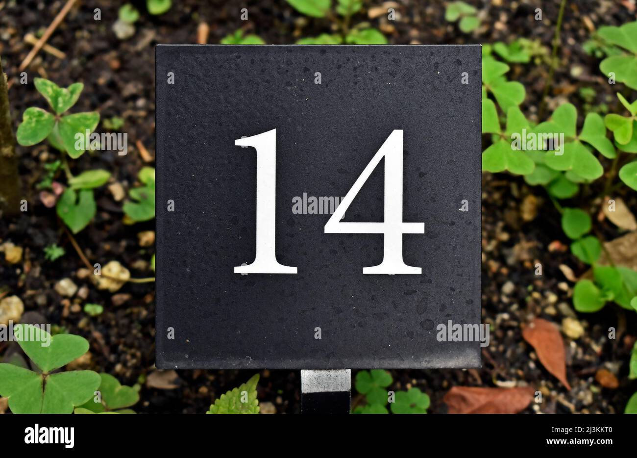 Number 14 printed on metallic plate Stock Photo