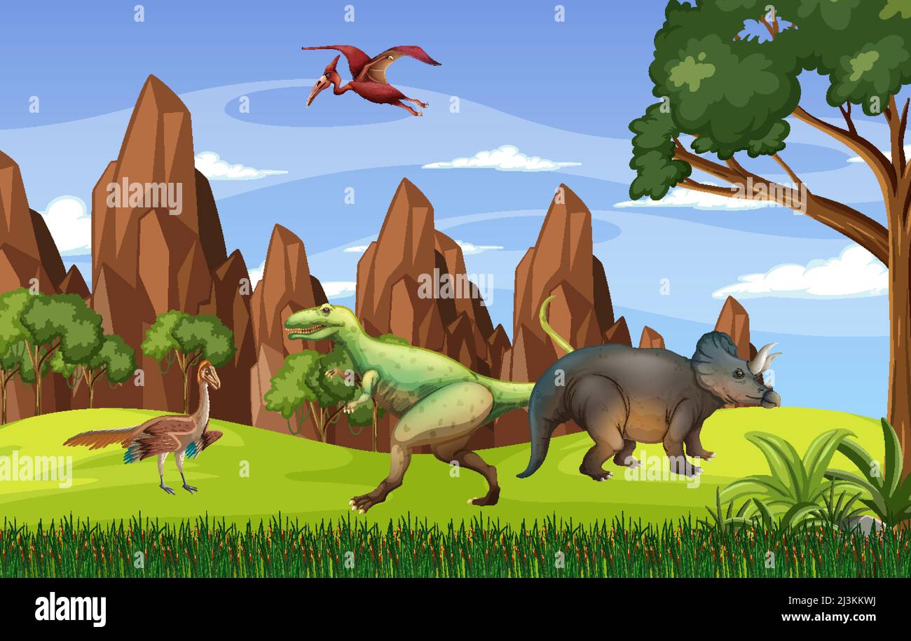 Scene with dinosaurs in forest illustration Stock Vector Image & Art ...