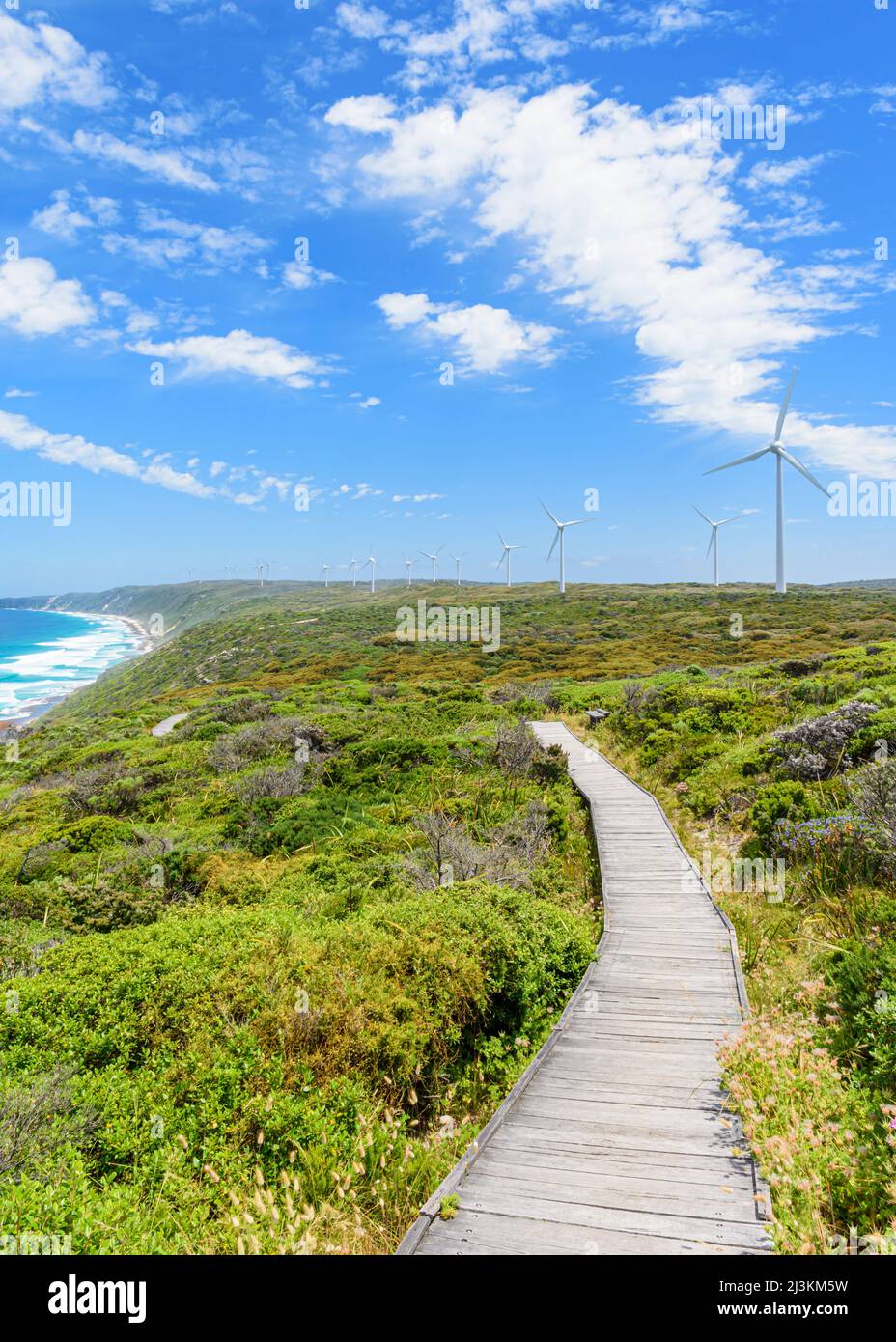 Cliff top wind farm walk, part of the Bibbulmun Track high above the sea, Albany, Western Australia, Australia Stock Photo