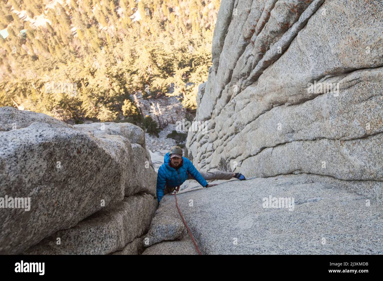A climber follows a route called Whodunnit high on Tahquitz Rock Stock