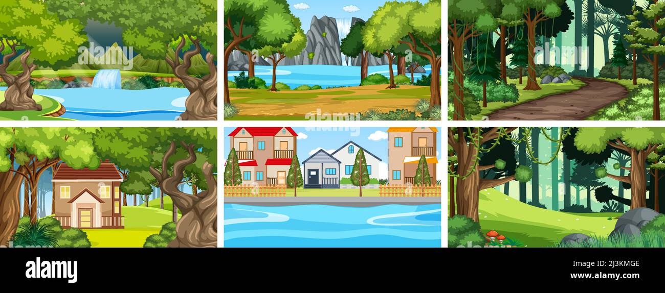 Nature scene with many trees and houses illustration Stock Vector Image ...