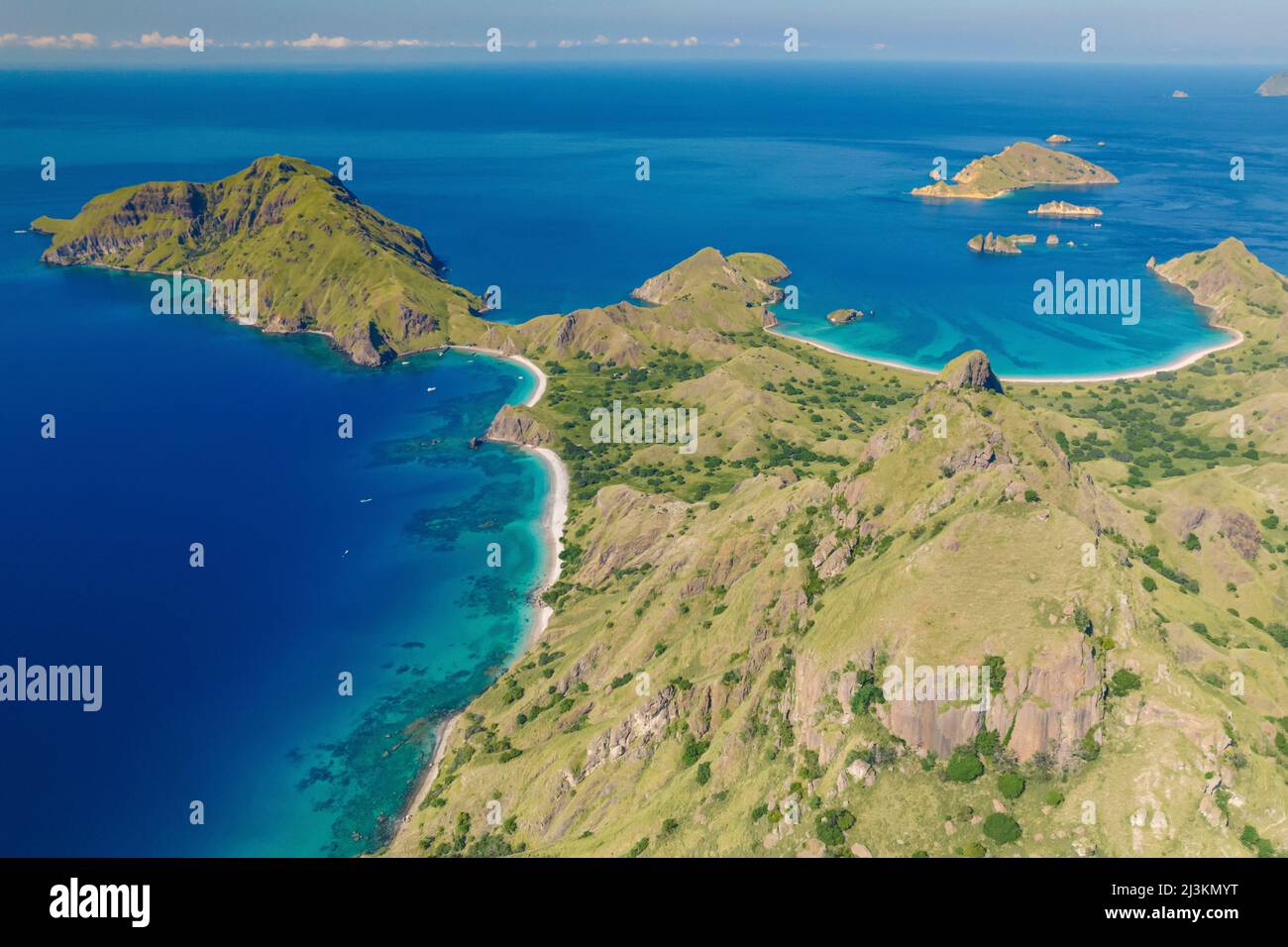 Aerial view of the ocean and Padar Island in Komodo National Park; East Nusa Tenggara, Lesser Sunda Islands, Indonesia Stock Photo