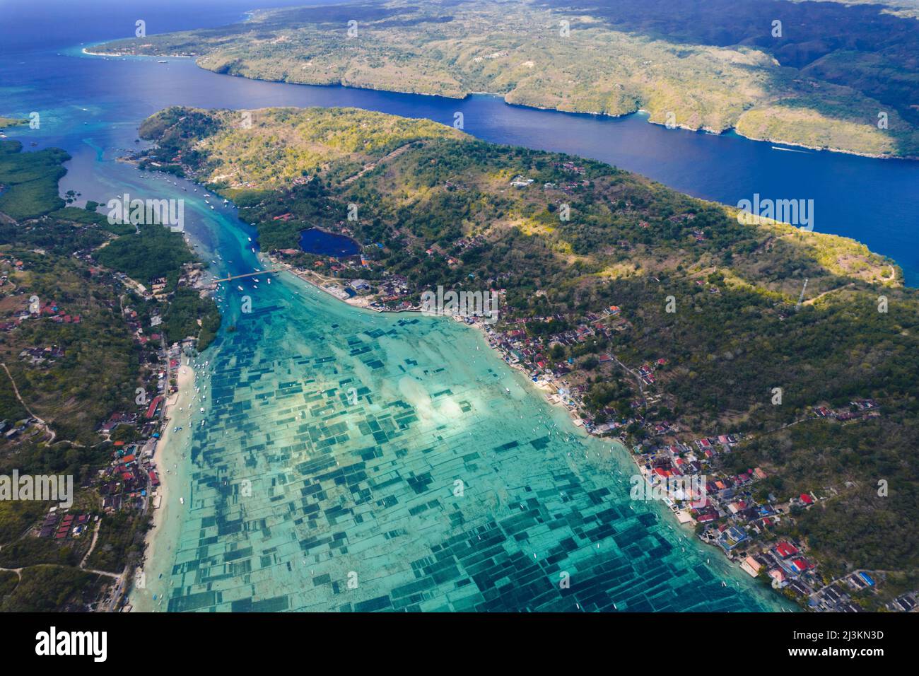 Aerial view of marine farming in turquoise coloured water along a coastline, Komodo National Park; East Nusa Tenggara, Indonesia Stock Photo