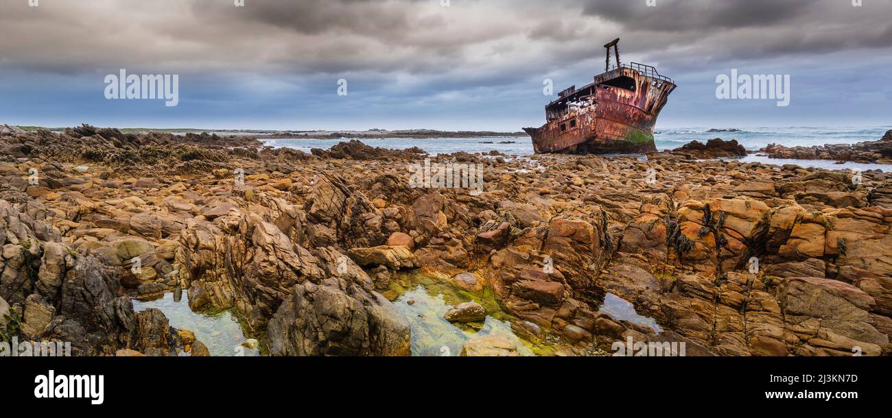 Shipwreck of the Meisho Maru No. 38 on the beach at Cape Agulhas in Agulhas National Park; Western Cape, South Africa Stock Photo