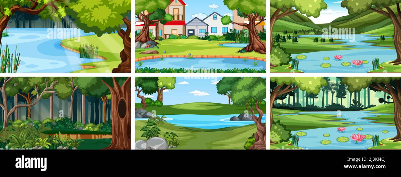 Nature scene with many trees and pond illustration Stock Vector Image ...