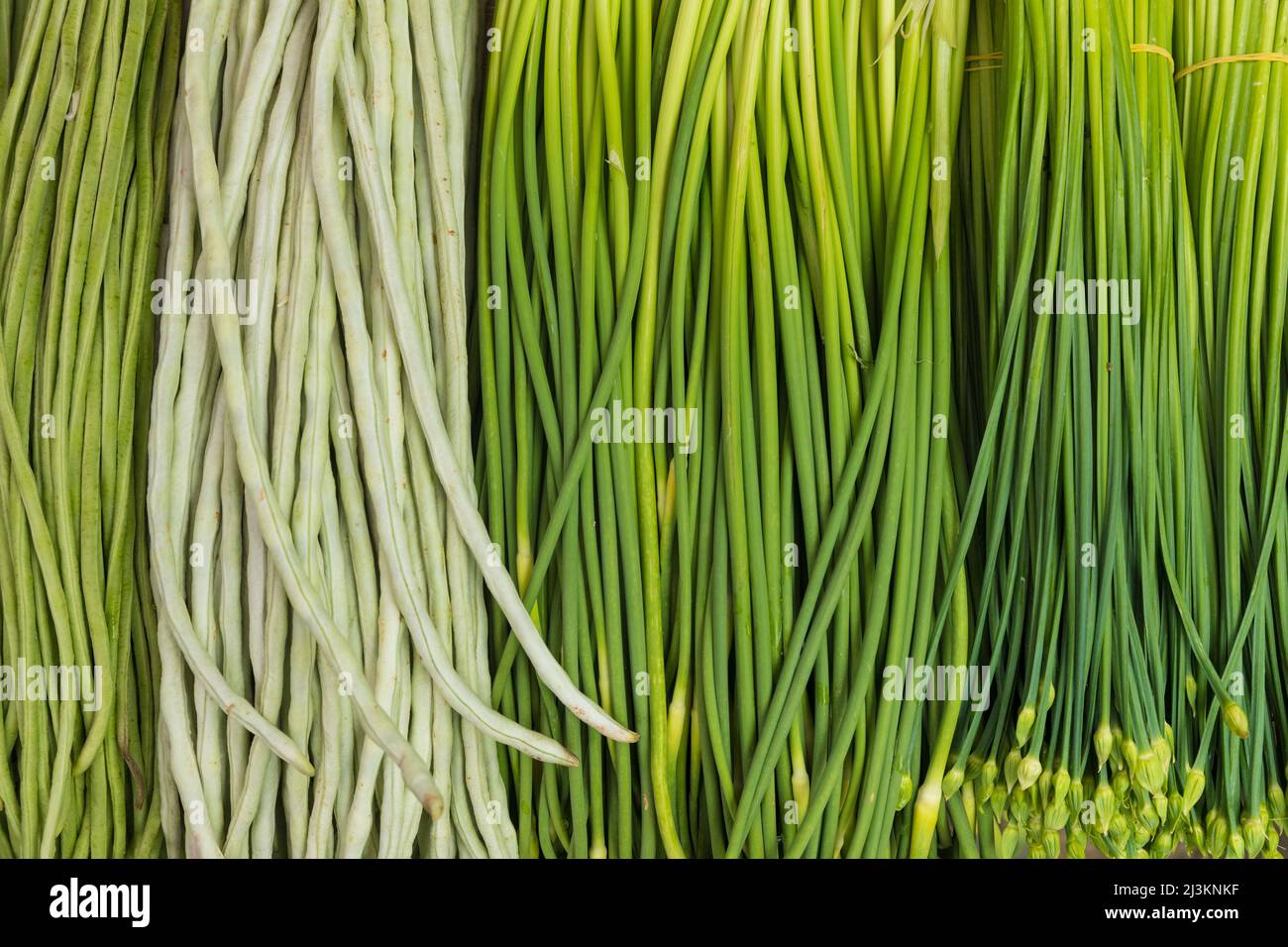 Close-up detail of fresh vegetables, garlic sprouts and Chinese long beans for sale in Chengdu Market; Sichuan, China Stock Photo